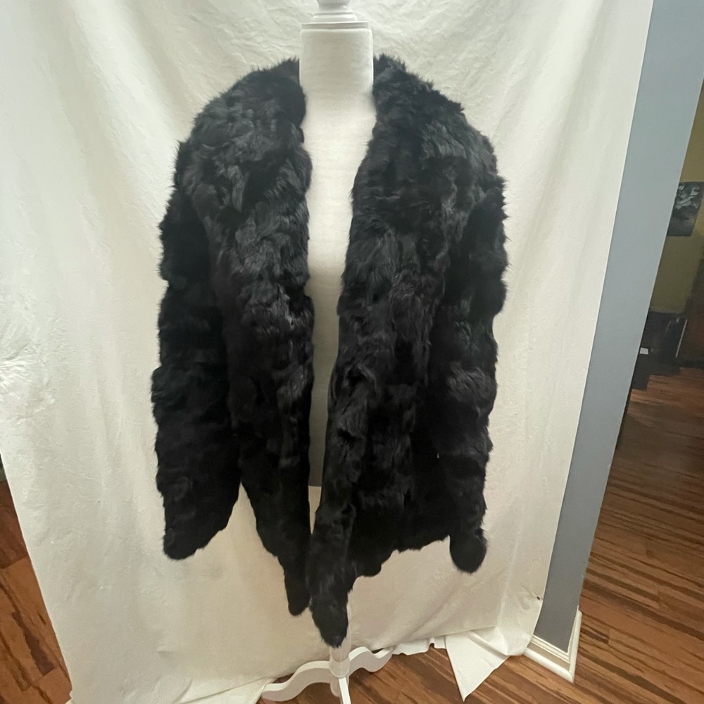 Vintage 1980s Genuine Black Rabbit Fur Coat Large